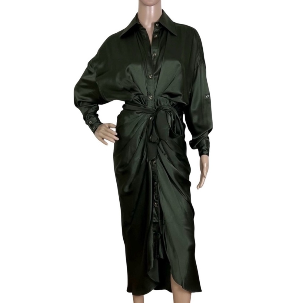 DIVINE HERITAGE GREEN SILK GATHERED MIDI SHIRT DRESS